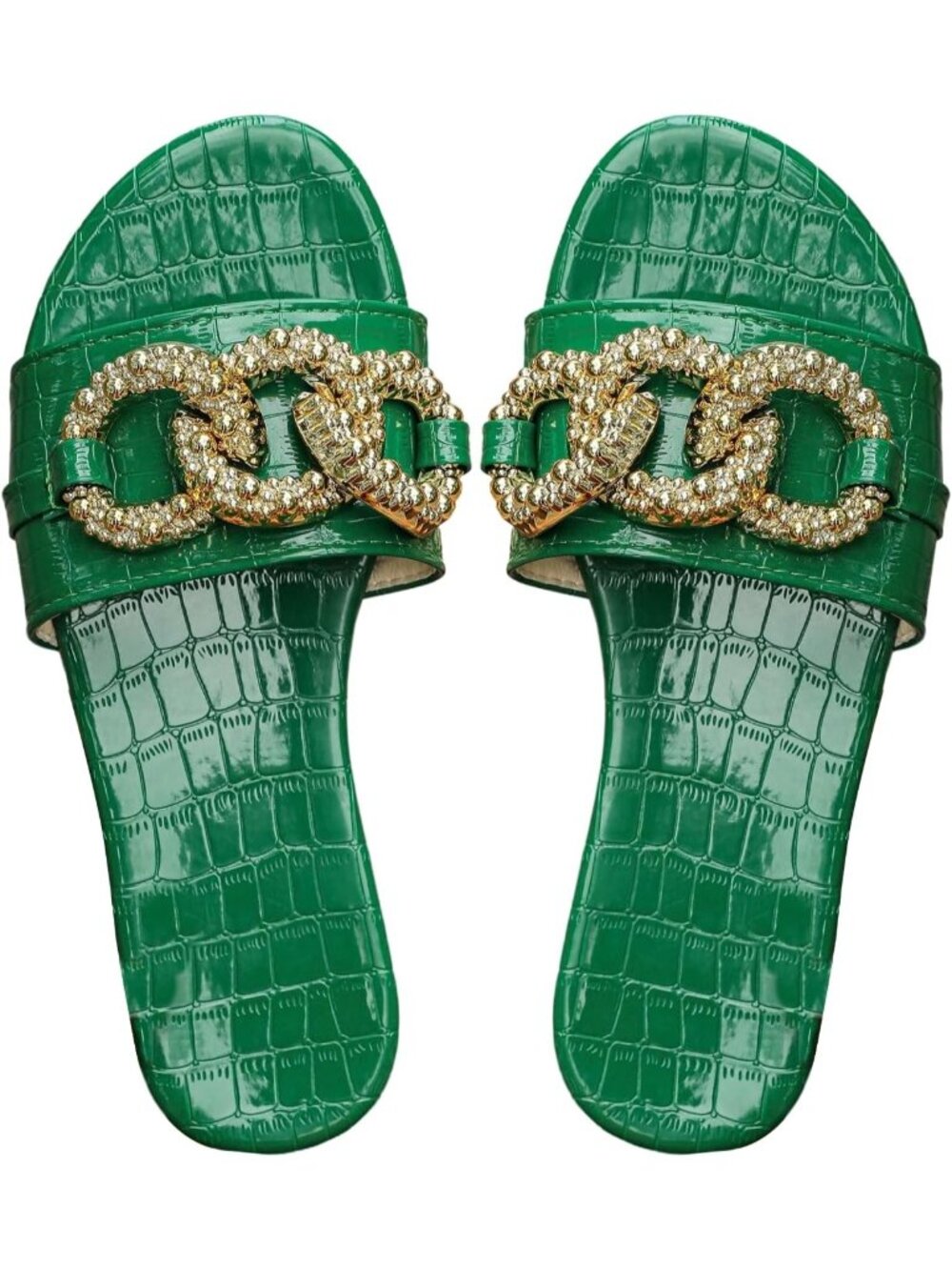 🆕Women's Green Gold Chain Crocodile Embossed Sandals Dressy Metallic Flat